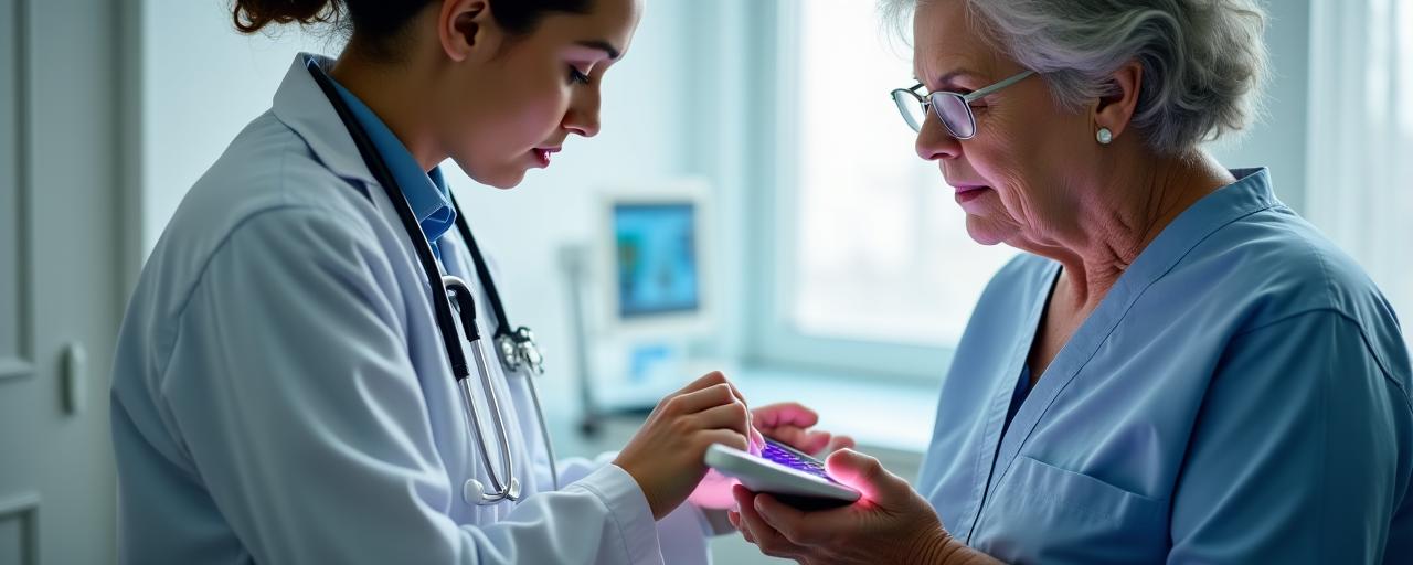 A doctor consulting with a patient using a tablet.