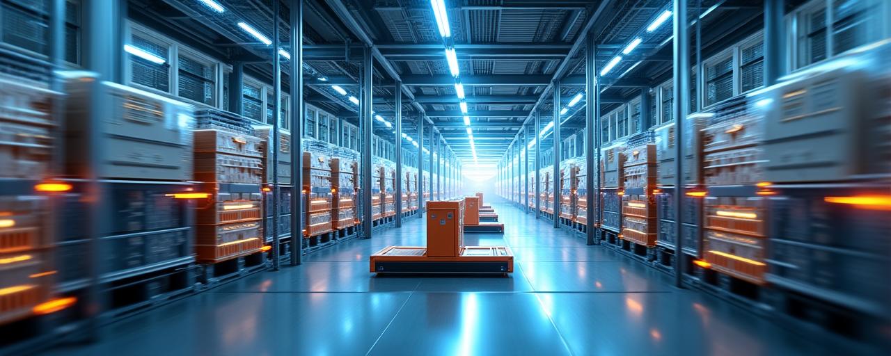 An automated warehouse with robotic arms moving packages.