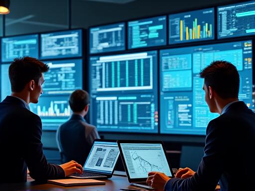 Analysts reviewing data on a large screen.