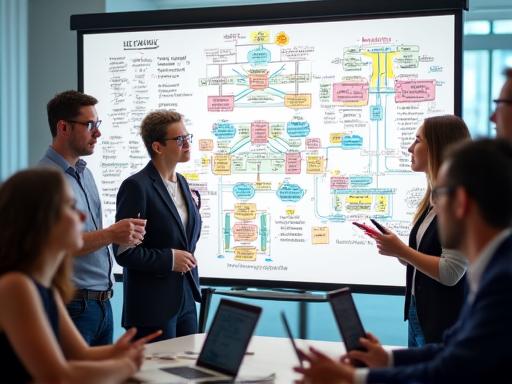 A group brainstorming around a whiteboard with strategy diagrams.