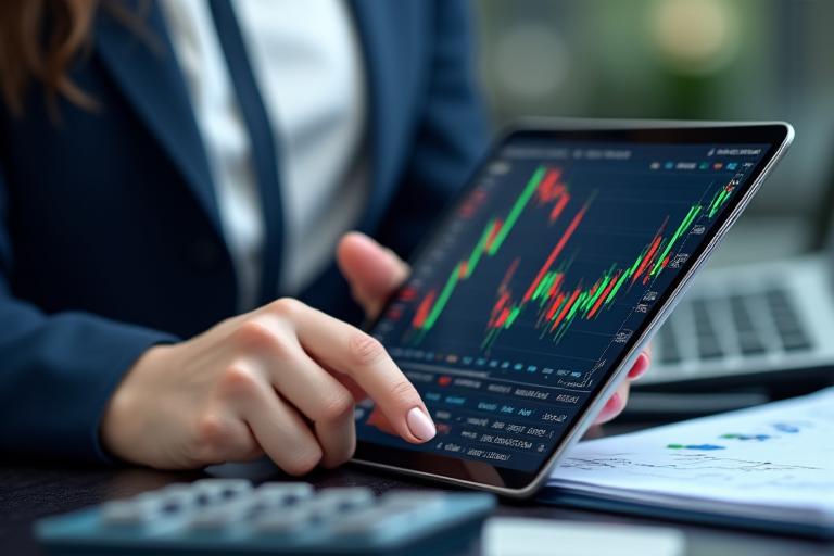 A businesswoman reviewing financial charts on a tablet, with a calculator nearby.